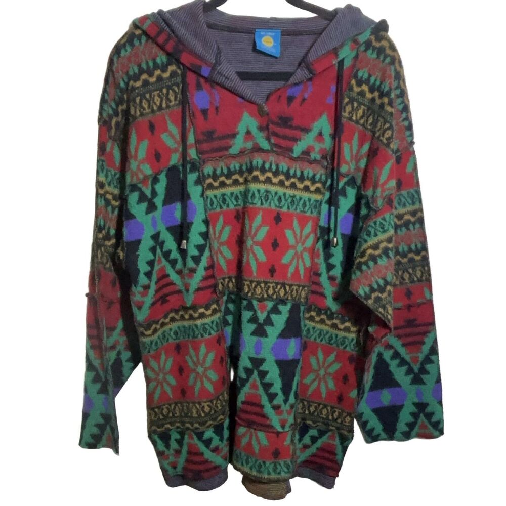 On Your Mark Vintage Aztec Geometric Pattern Hooded Sweater Poncho S/M Multi